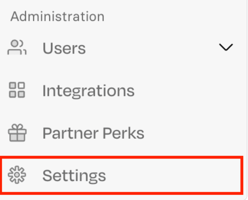 The Administration section of the sidebar with Settings highlighted